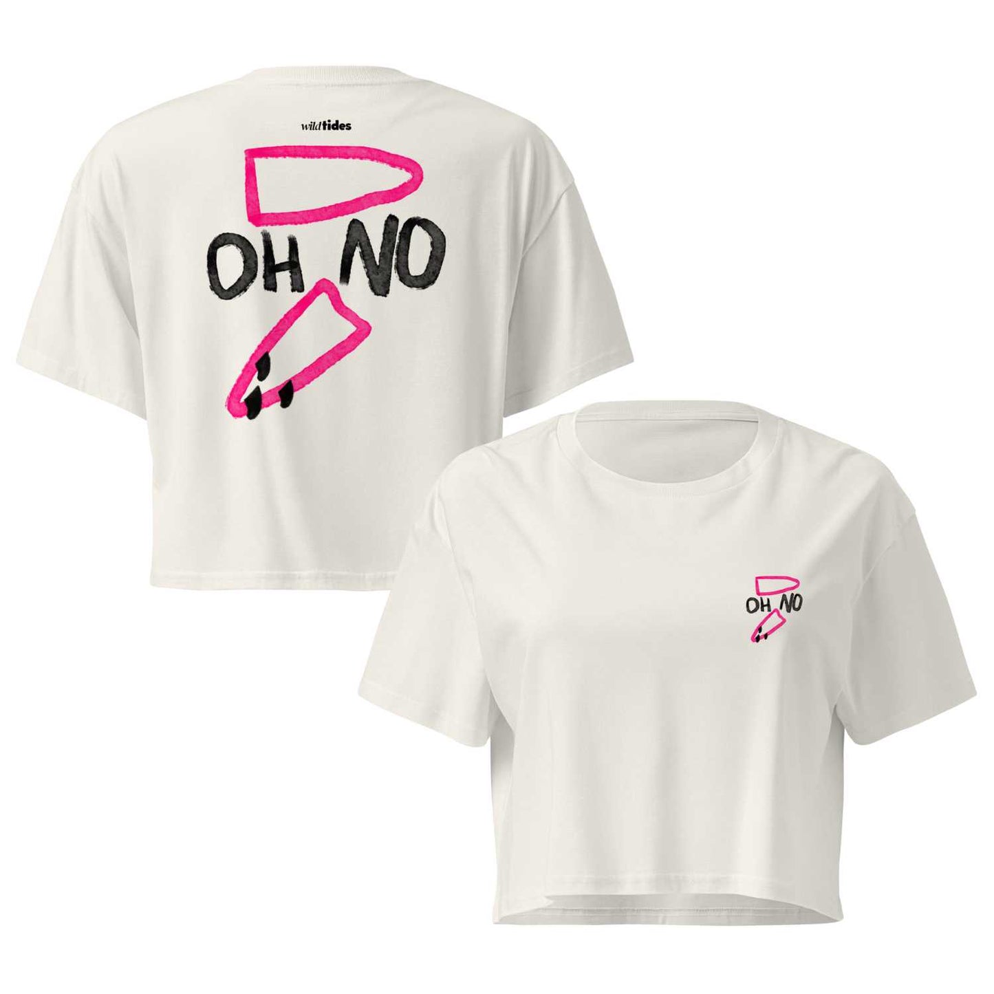 "OH NO" Crop Shirt Damen Vorderanocht Rückenansicht mit gebrochenem Surfbrett-Print in beige mineral von wildtides