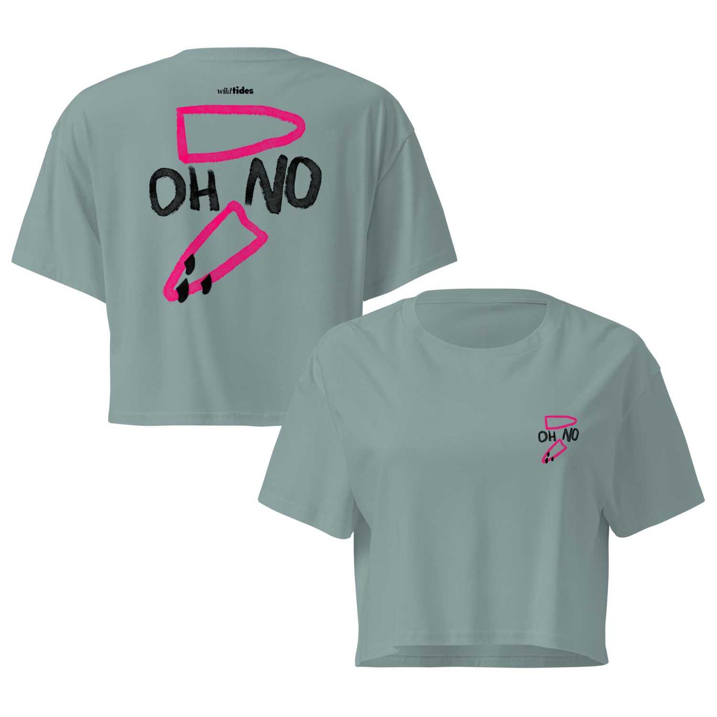 "OH NO" Crop Shirt Damen Vorderanocht Rückenansicht mit gebrochenem Surfbrett-Print in Ecru von wildtides