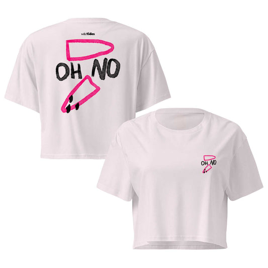 "OH NO" Crop Shirt Damen Vorderanocht Rückenansicht mit gebrochenem Surfbrett-Print in Lilac von wildtides