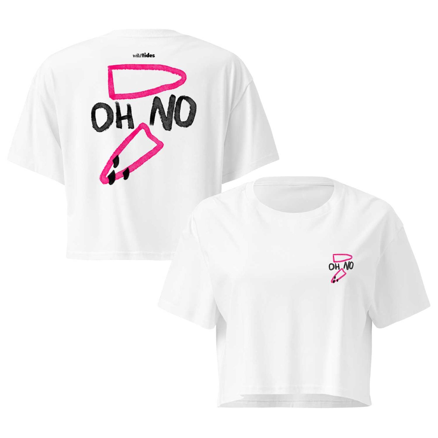 "OH NO" Crop Shirt Damen Vorderanocht Rückenansicht mit gebrochenem Surfbrett-Print in weiß von wildtides