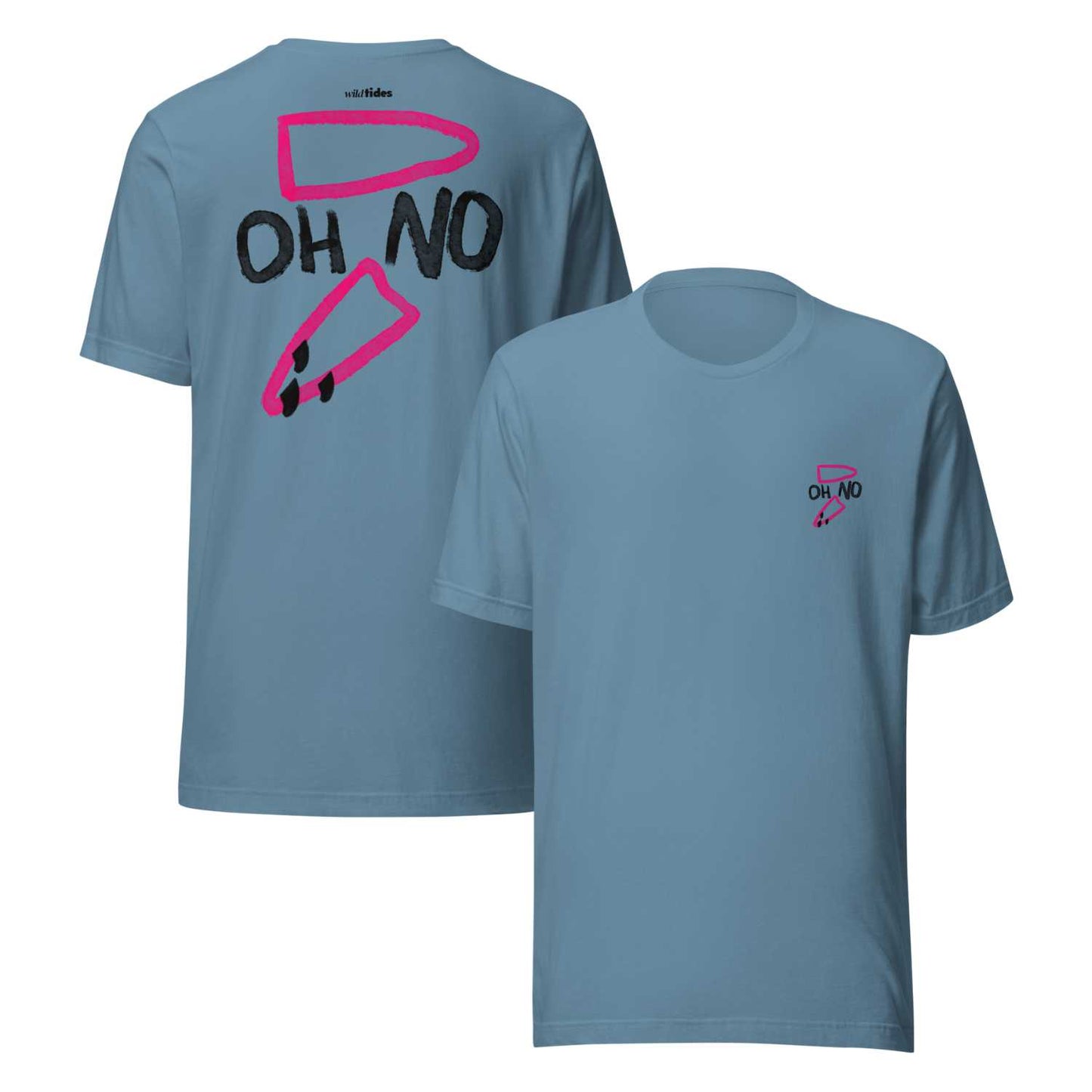 "OH NO"Surf Shirt Herren Vorder und Rückenansicht mit gebrochenem Surfbrett-Print in blau von wildtides