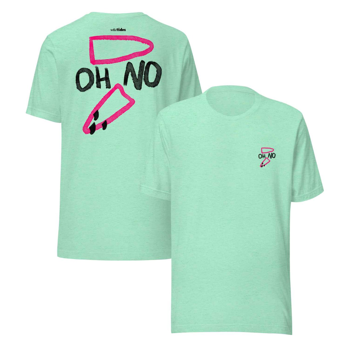 "OH NO"Surf Shirt Herren Vorder und Rückenansicht mit gebrochenem Surfbrett-Print in mint von wildtides