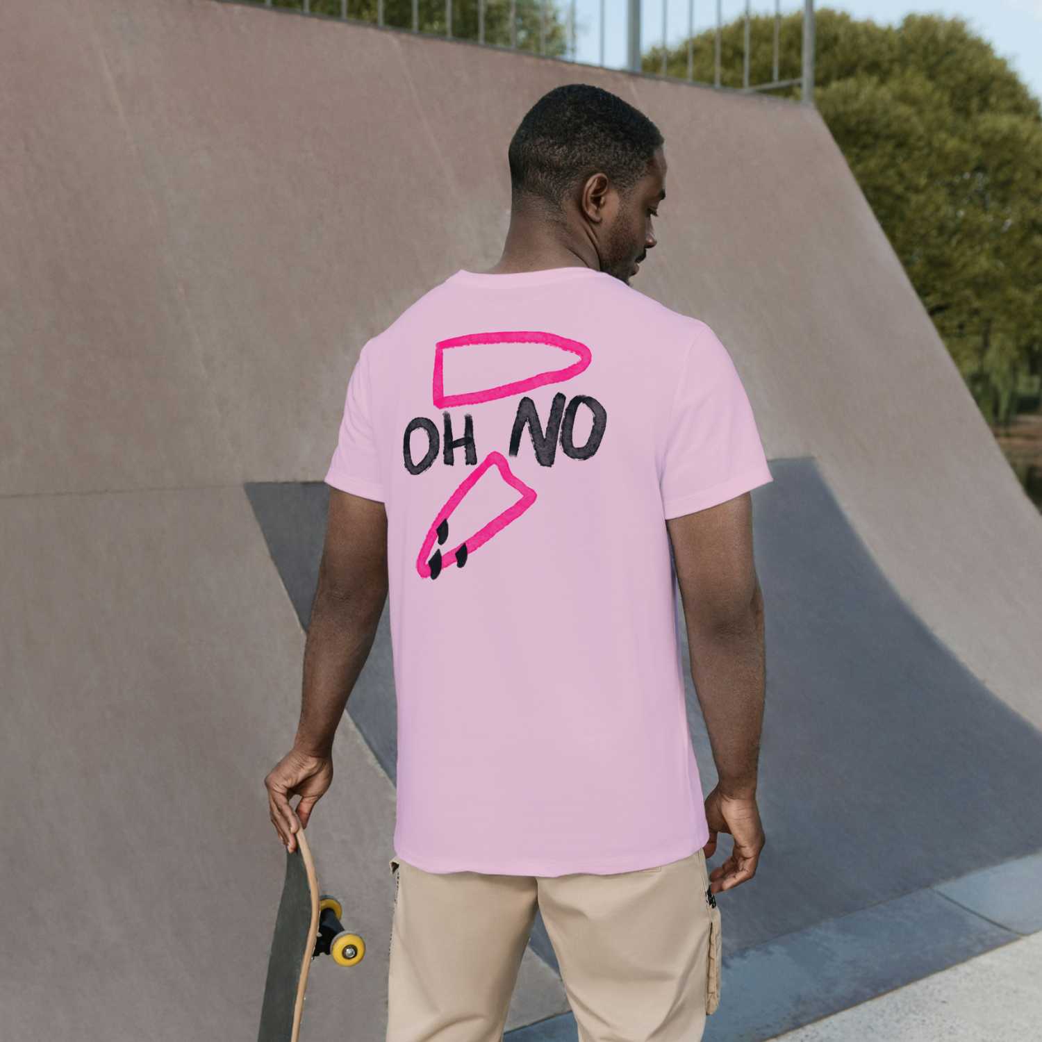 "OH NO" Oversized Surf Shirt Herren Rückenansicht mit gebrochenem Surfbrett-Print