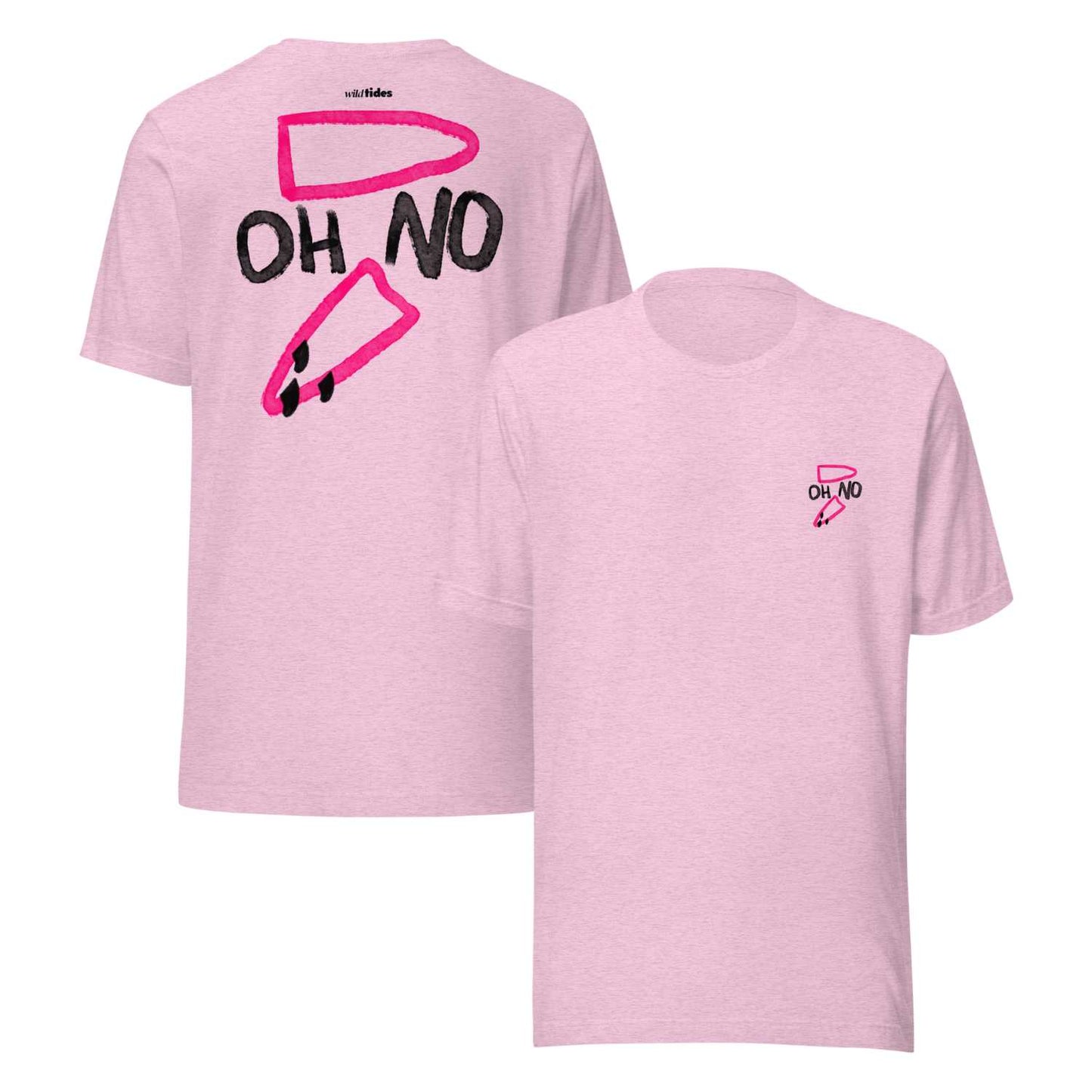 "OH NO"Surf Shirt Herren Vorder und Rückenansicht mit gebrochenem Surfbrett-Print in rosa von wildtides