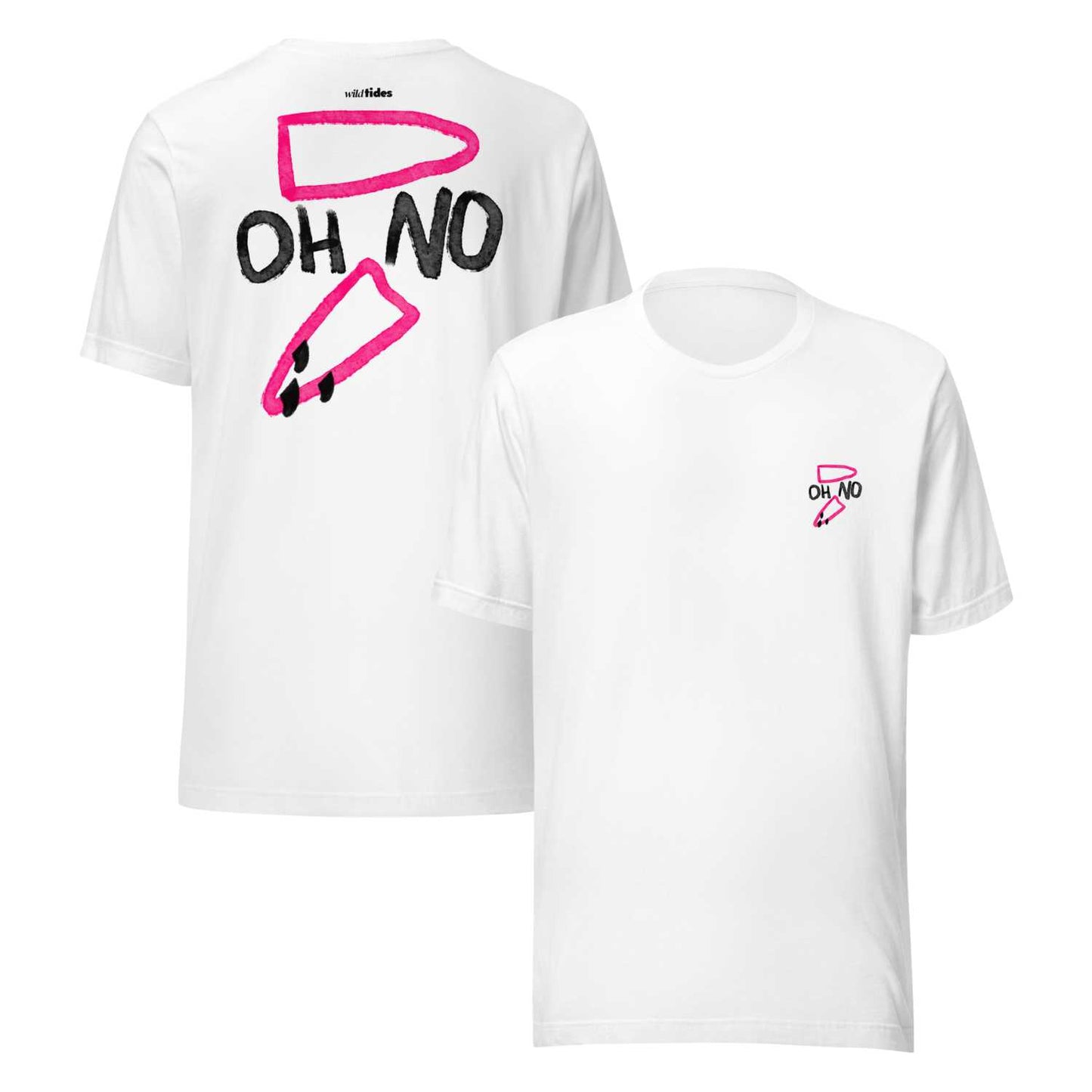 "OH NO"Surf Shirt Herren Vorder und Rückenansicht mit gebrochenem Surfbrett-Print in weiß von wildtides