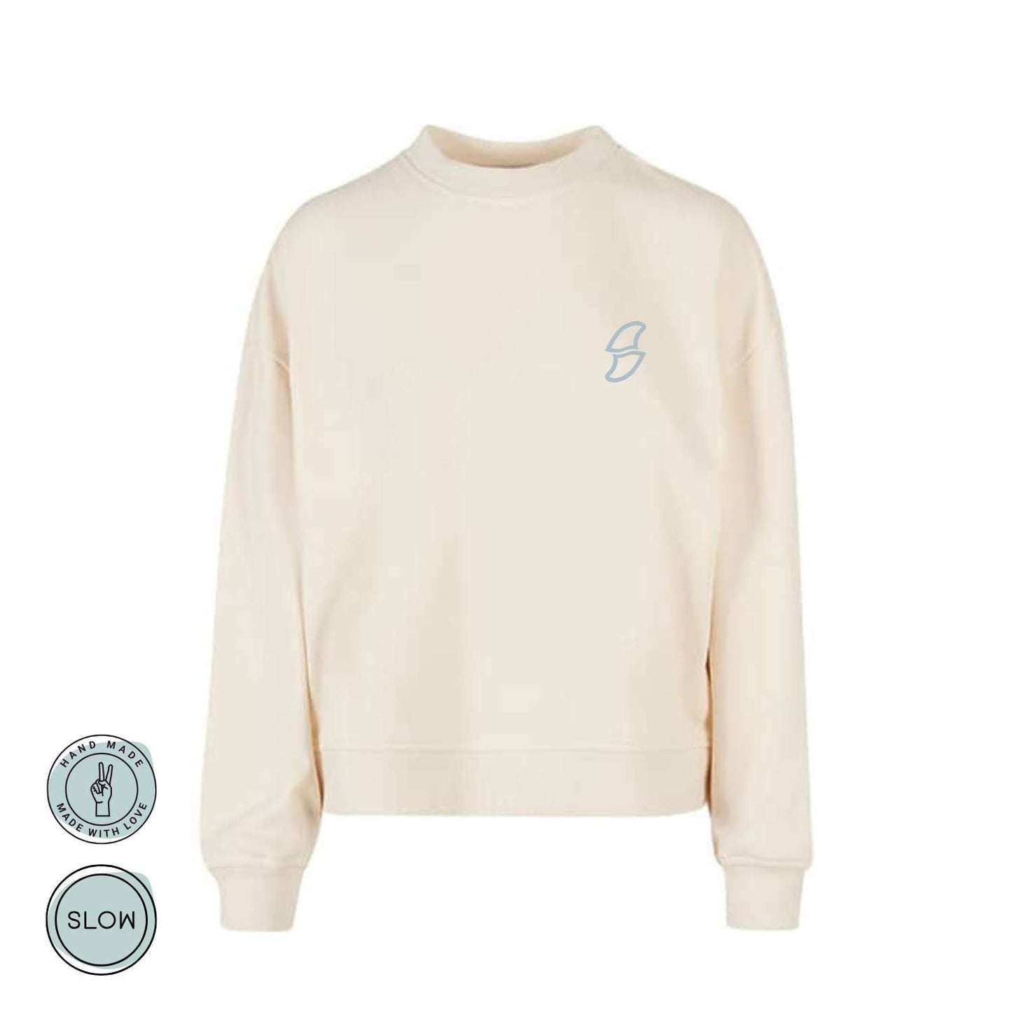 Vorderseite des Sweaters mit mintfarbenem Finnen-Symbol auf der Brust