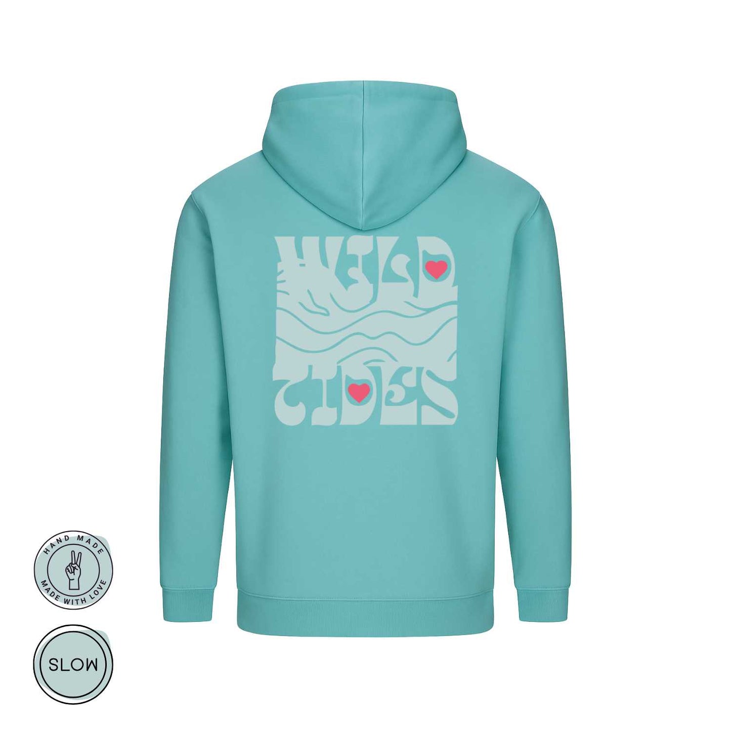 Unisex Hoodie in Mintgrün mit Wild Tides 80s Waves Rückendruck und Herzsymbol, handmade DTF Veredelung – Produkt Rückansicht
