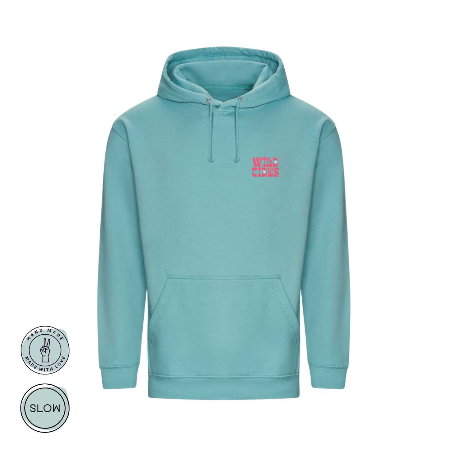 Unisex Hoodie in Mintgrün mit Wild Tides 80s Waves Rückendruck und Herzsymbol, handmade DTF Veredelung – Produkt Frontansicht