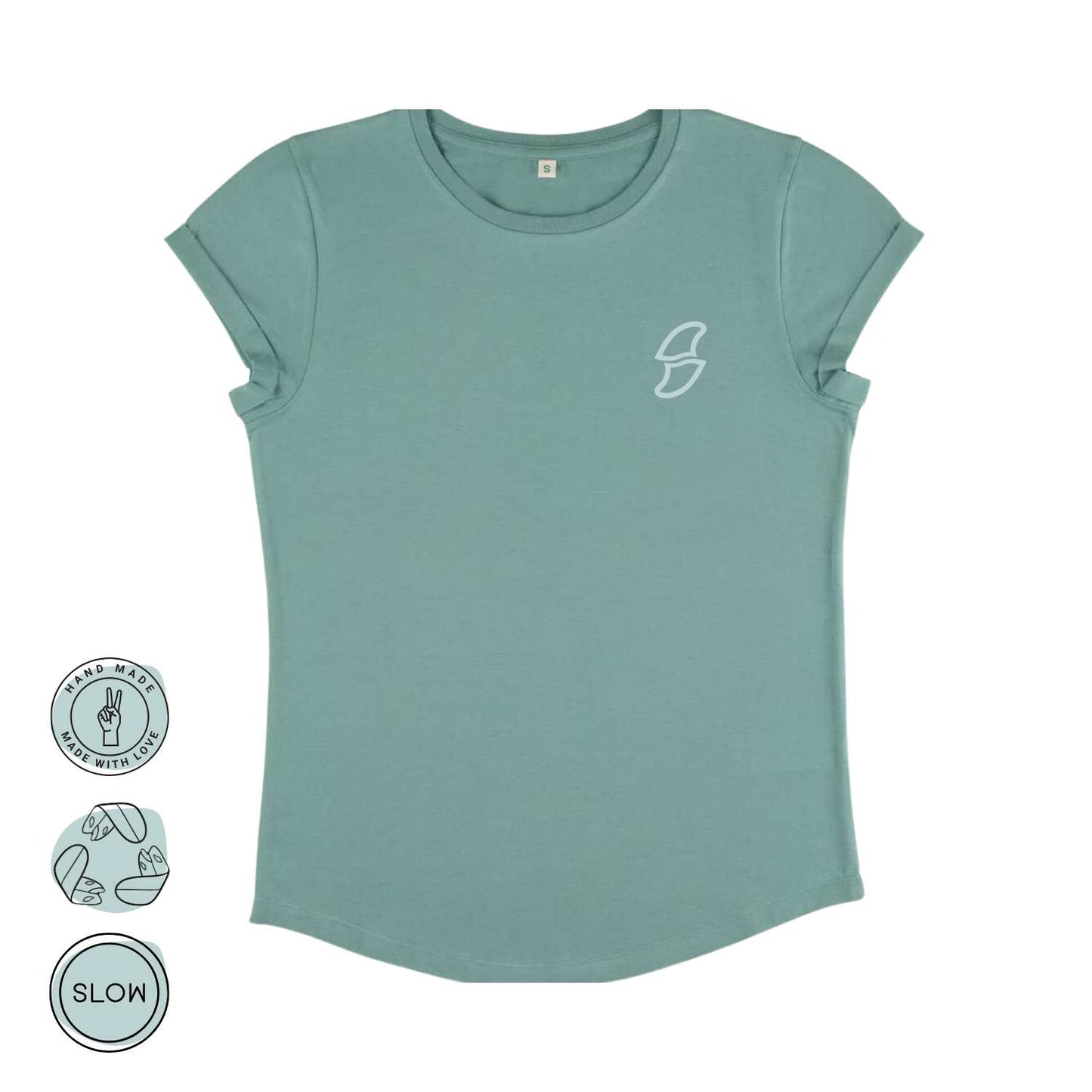 sage green damen T-Shirt mit wildtides finnen Logo auf der Brust