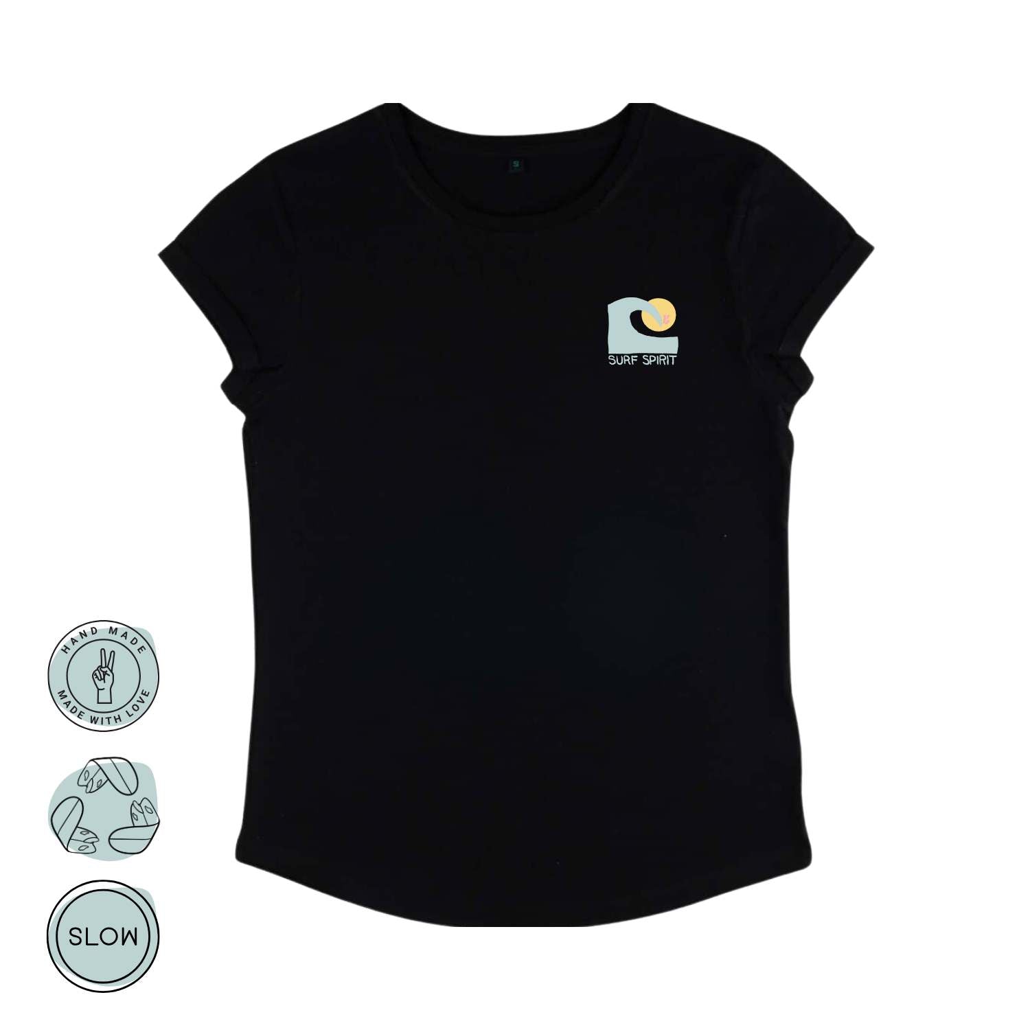 Vorderseite des schwarzen Damen T-Shirts „Surf Spirit“ von Wild Tides mit kleiner Welle und Sonne