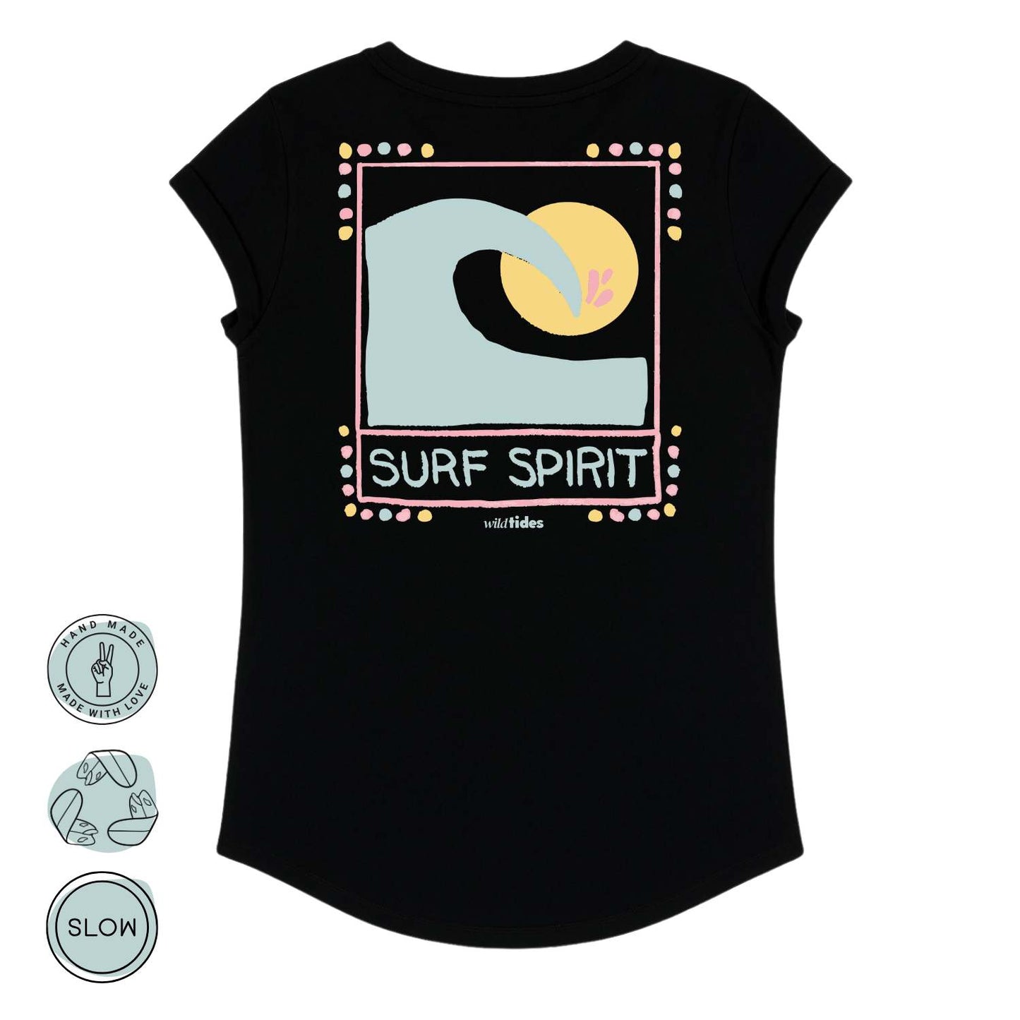 Rückseite des T-Shirts mit großem, buntem Surf Spirit Print von Wild Tides