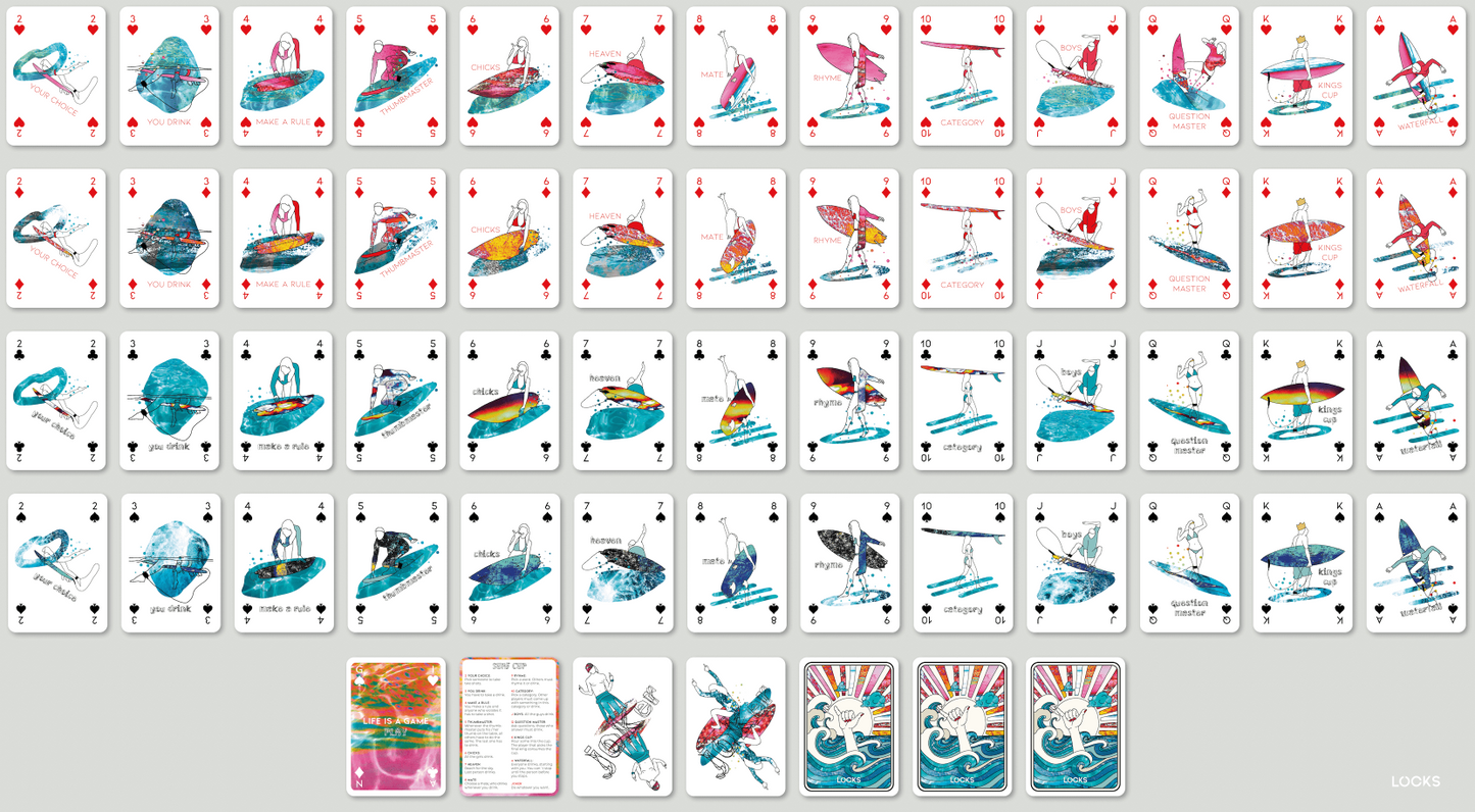 Komplettes Deck der Surf Cup Spielkarten ausgebreitet