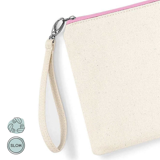 Detailaufnahme des rosa Reißverschlusses und des abnehmbaren Armbandriemens der Canvas Tasche