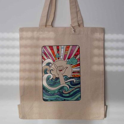 Jute-Tasche mit farbenfrohem Shaka-Symbol-Print und Wellenmotiv auf Baumwoll-Canvas