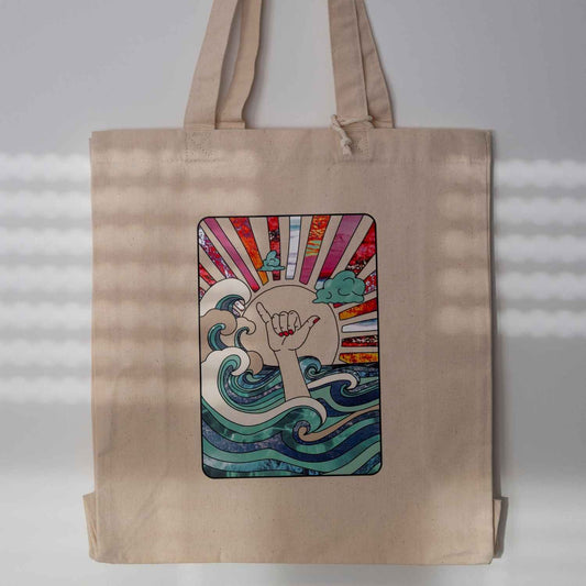 Jute-Tasche mit farbenfrohem Shaka-Symbol-Print und Wellenmotiv auf Baumwoll-Canvas