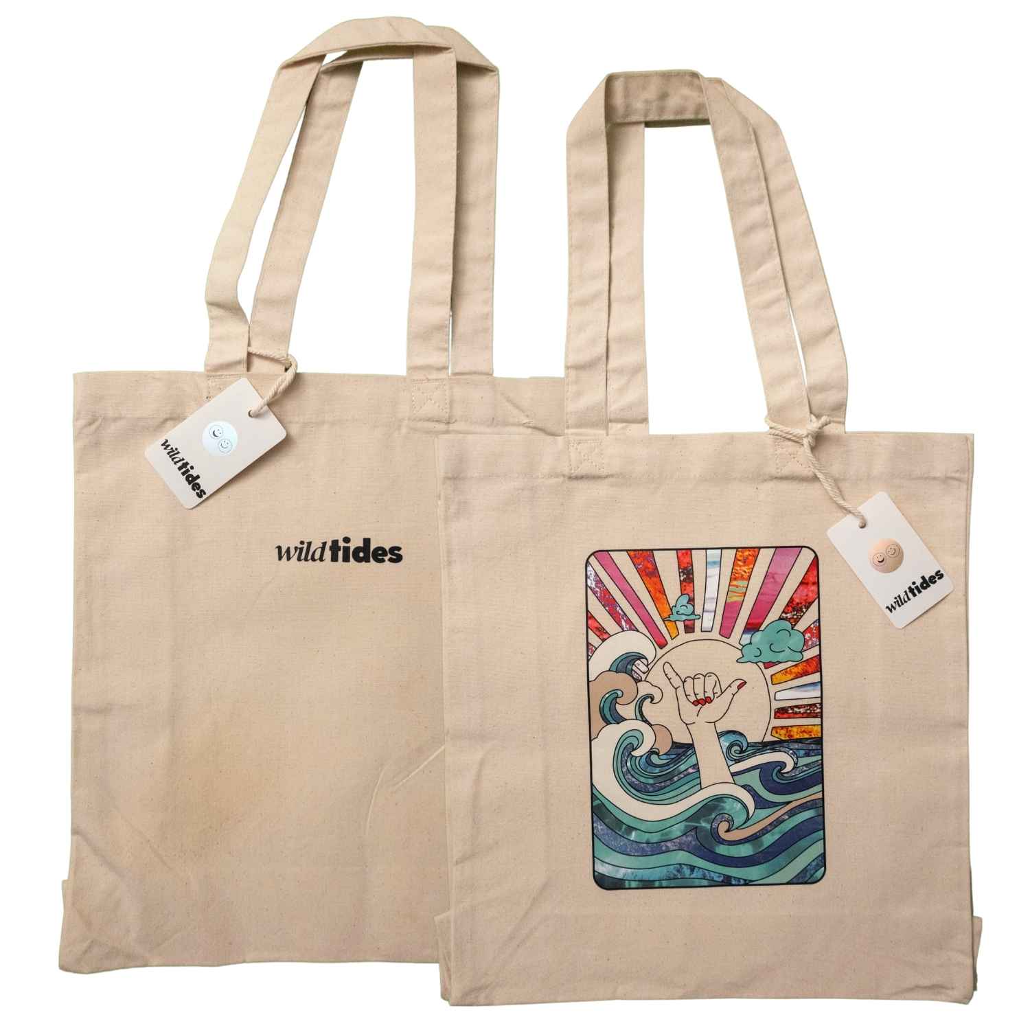 Setansicht der Shaka Vibes Jute-Tasche mit Print- Vorder und Rückseite nebeneinander