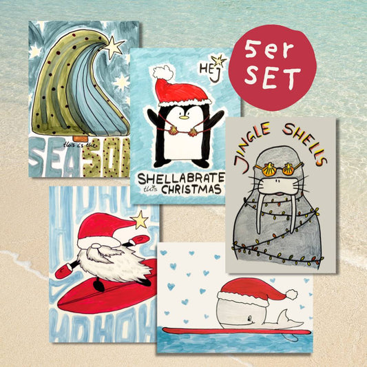 Wild Tides Weihnachtskarten 5er Set mit Pinguin, Wal, Robbe, Welle und Santa auf Sandhintergrund