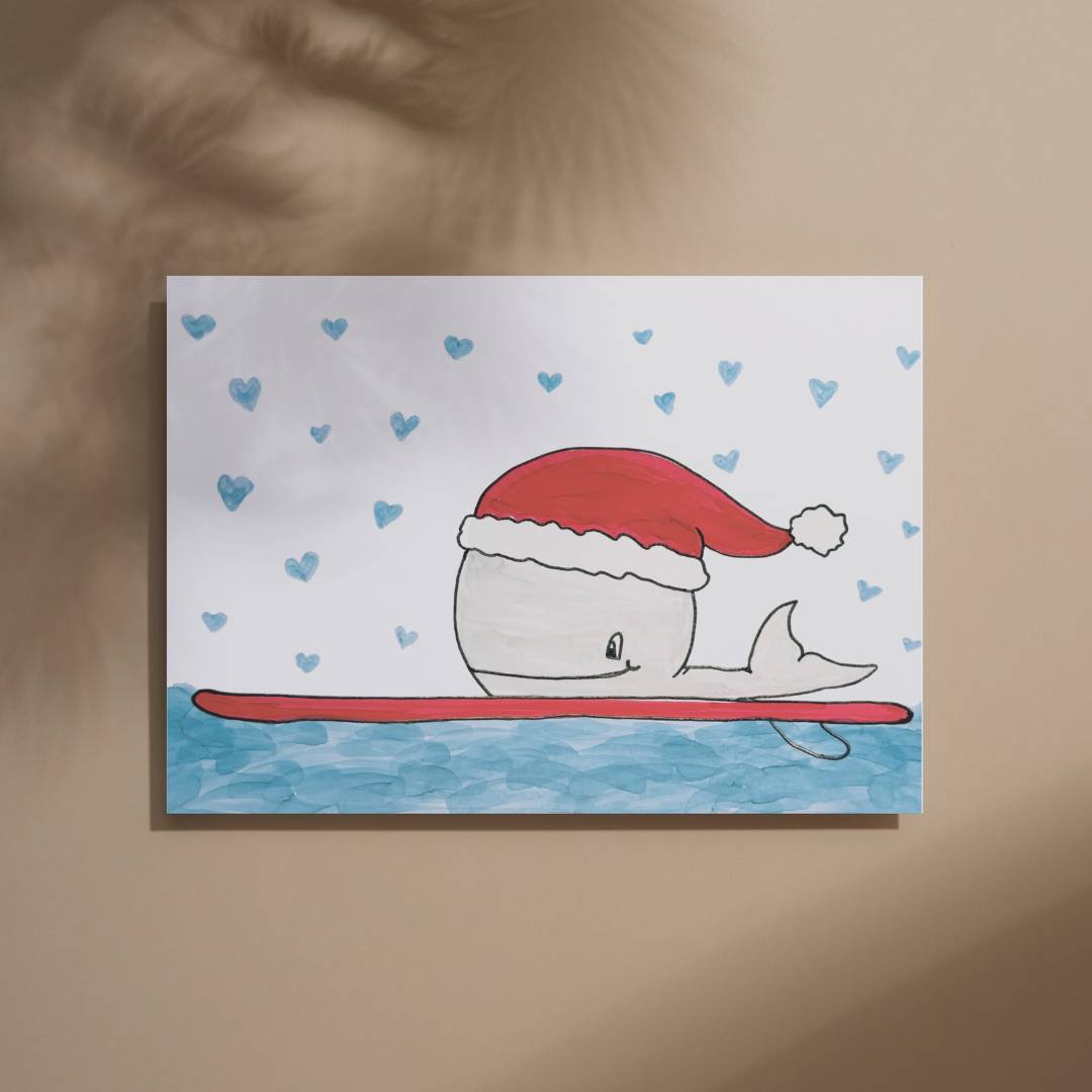 Illustration eines Wals auf Surfbrett mit Nikolausmütze, blauen Herzen und Wasser